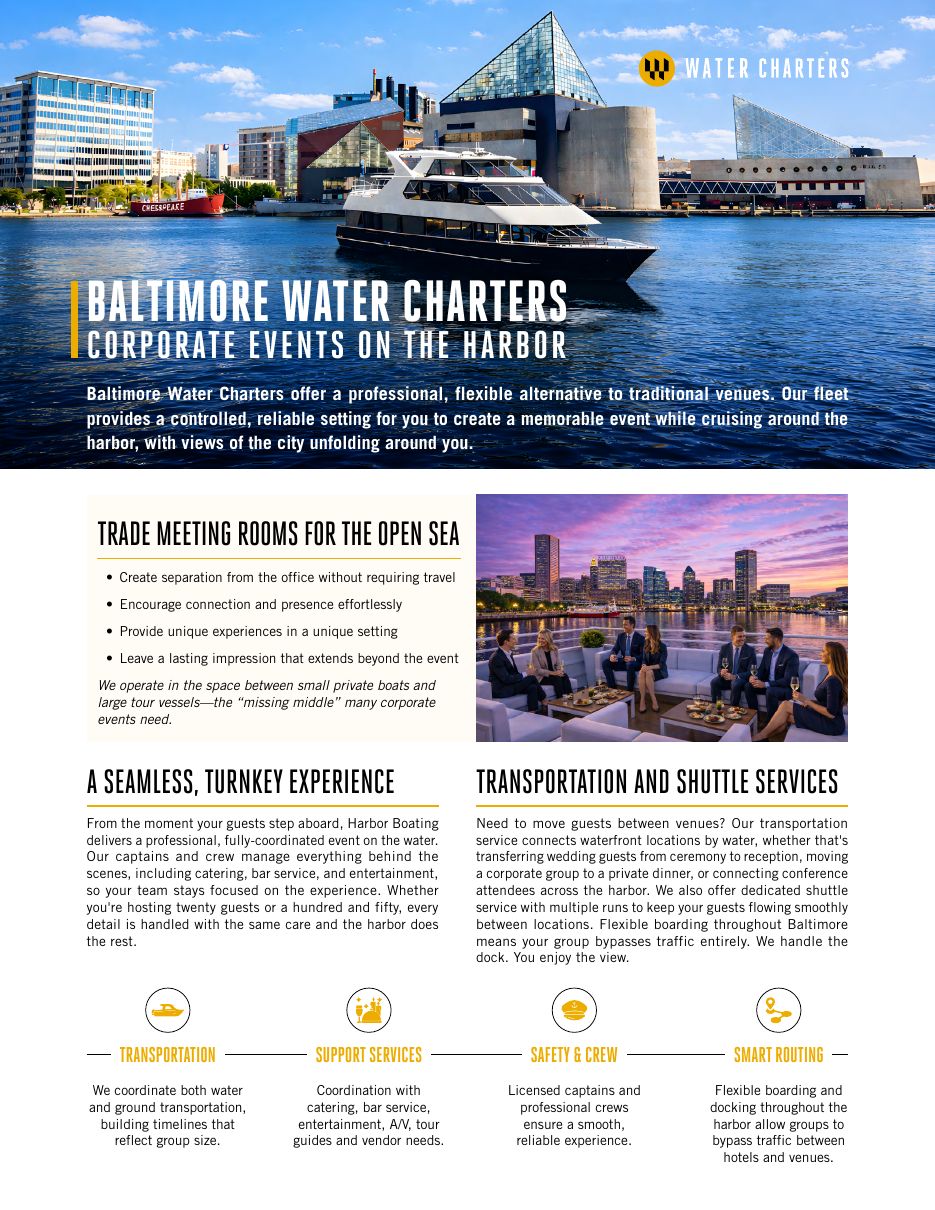 Baltimore Water Charters corporate events sales kit, cover page