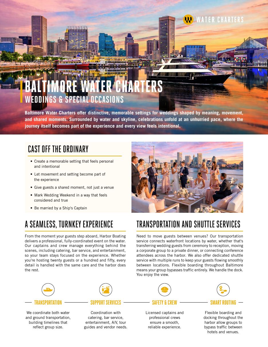 Baltimore Water Charters weddings and special occasions sales kit, cover page