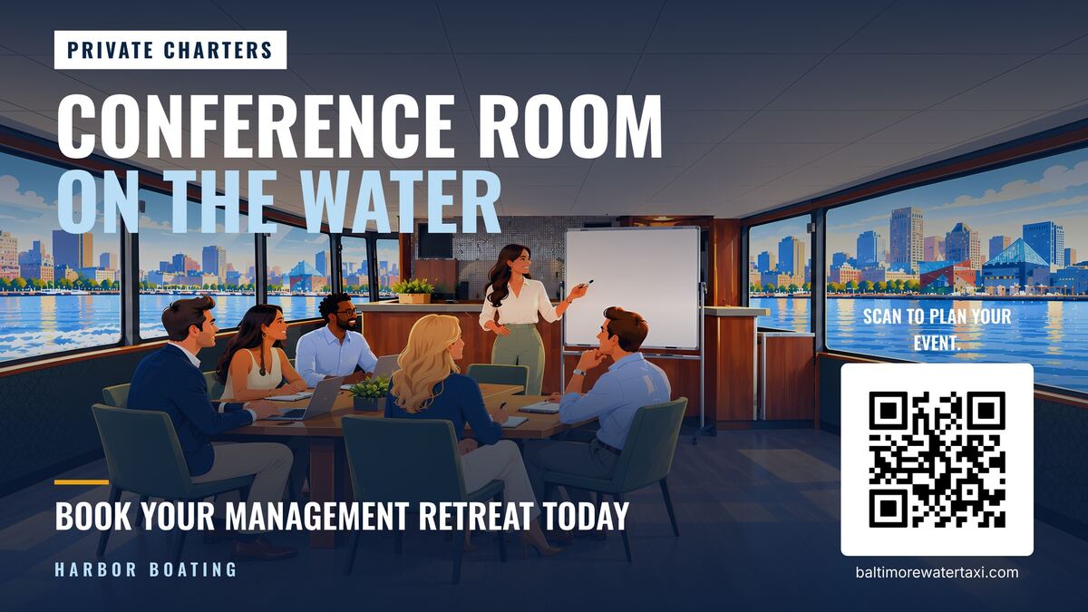 Screen slide: conference room on the water, book your management retreat today